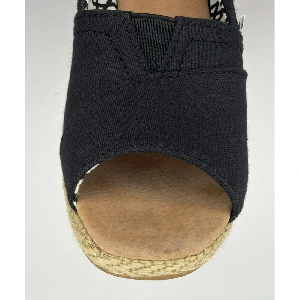 TOMS Womens 7.5 Black Canvas Peep Toe Espadrille Wedge Heels Slip On Shoes